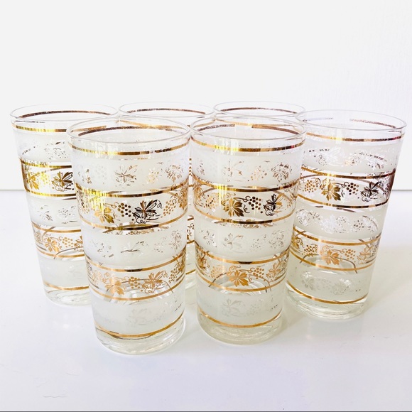 SOLD Vintage Set 6 Frosted Gold Leaf Todd Mid Century Tumblers - MCM Glassware - Picture 5 of 6
